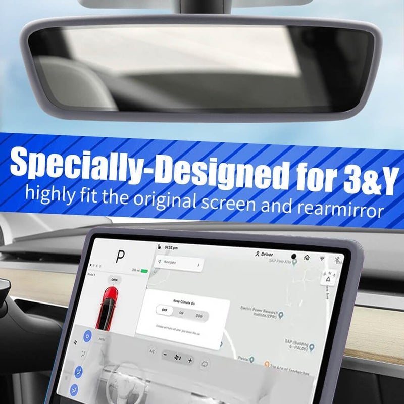 Yeapop 2Pcs Silicone Protector Frames of Screen and Rear View Mirror for Tesla Model 3 2017-2023 and Model Y 2019-Feb.2025. (Gray) - Image 2